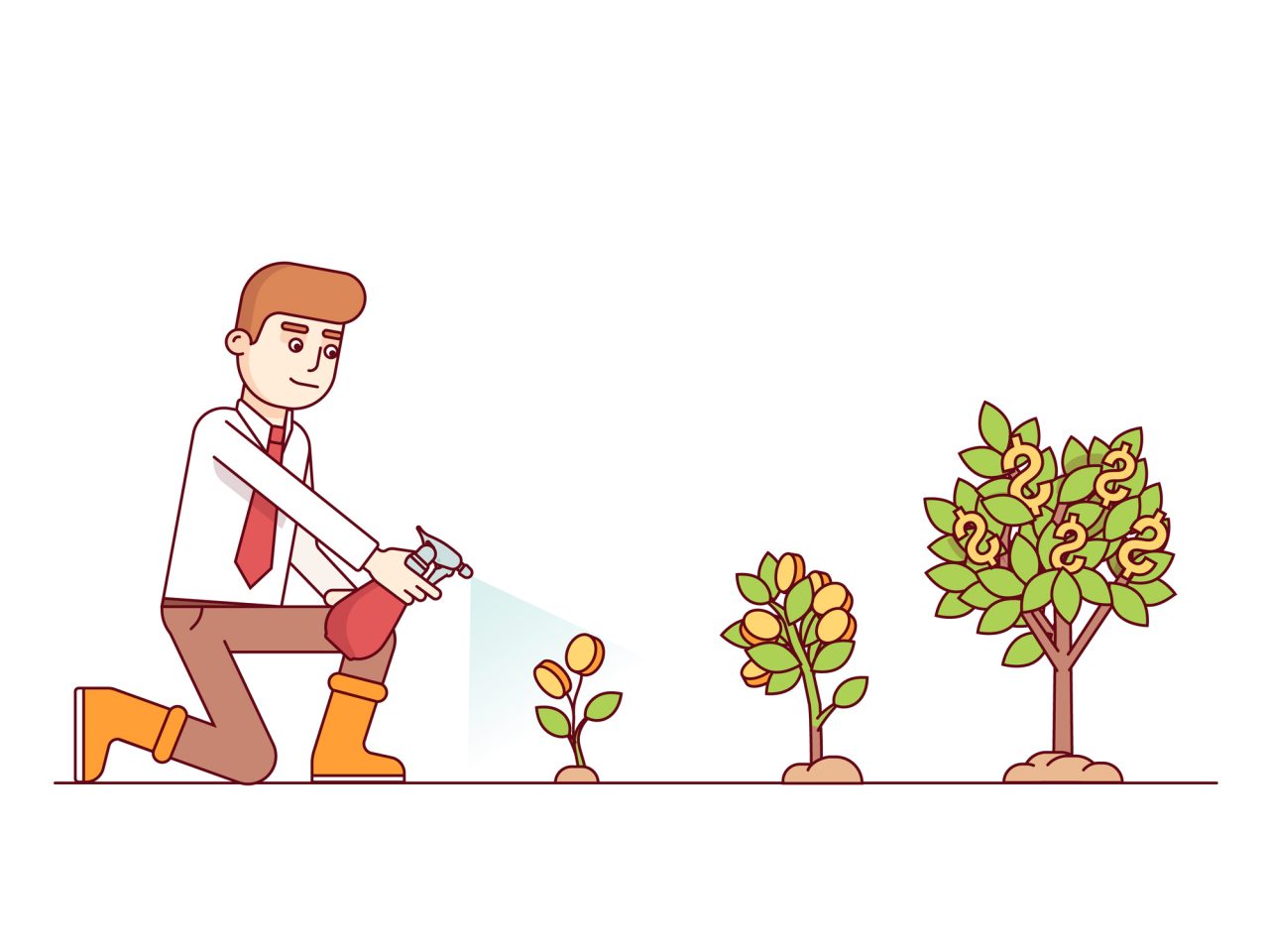 Business growth and entrepreneurship concept. Business man pours water from watering can on green money sprout of new startup. Modern flat style thin line vector illustration.